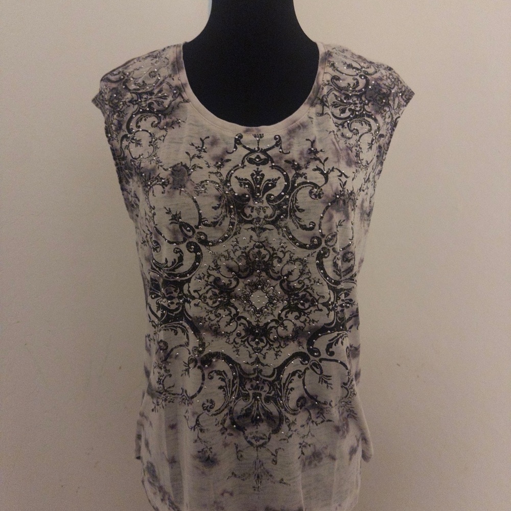 Rock & Republic Black Patterned Cream Top